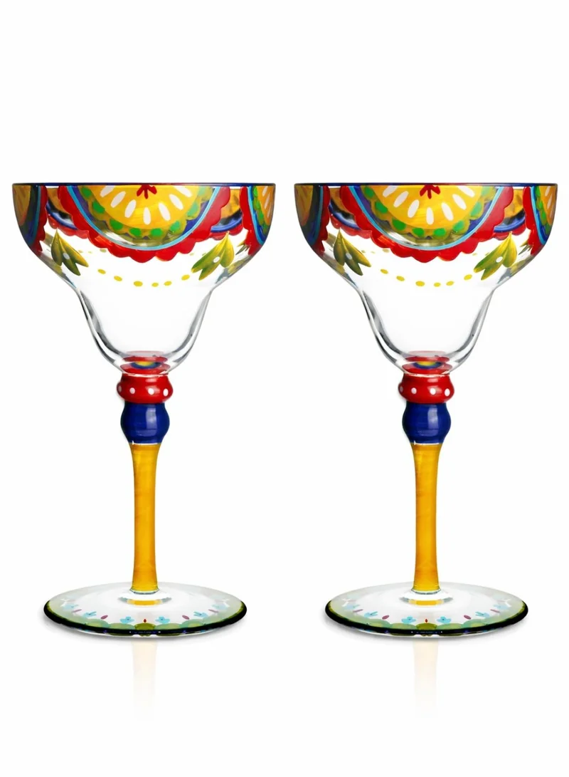 1 تشيس أكواب مارغريتا مرسوم عليها يدويًا من المجموعة المغربية، بتصميم زهر البرتقال، سعة 270 مل، طقم من قطعتين، أكواب كوكتيل مزخرفة مصنوعة يدويًا، أكواب ديكور فريدة لطاولة المطبخ